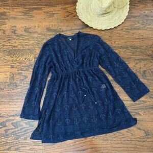 Nautica Long Sleeve Navy Blue V-Neck Crochet Swim Cover Tunic Sz Small